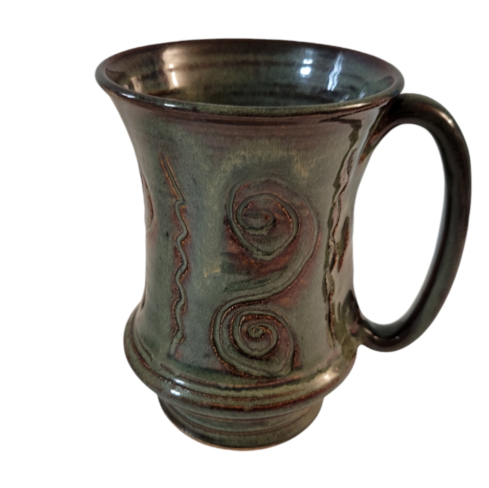 Hand Crafted Pottery Mug Green Brown Swirl Design